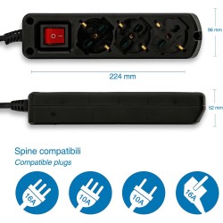 Multipresa 9 posti: 3 prese Schuko+6 prese bivalenti 10/16A. Cavo 1,5m e interruttore